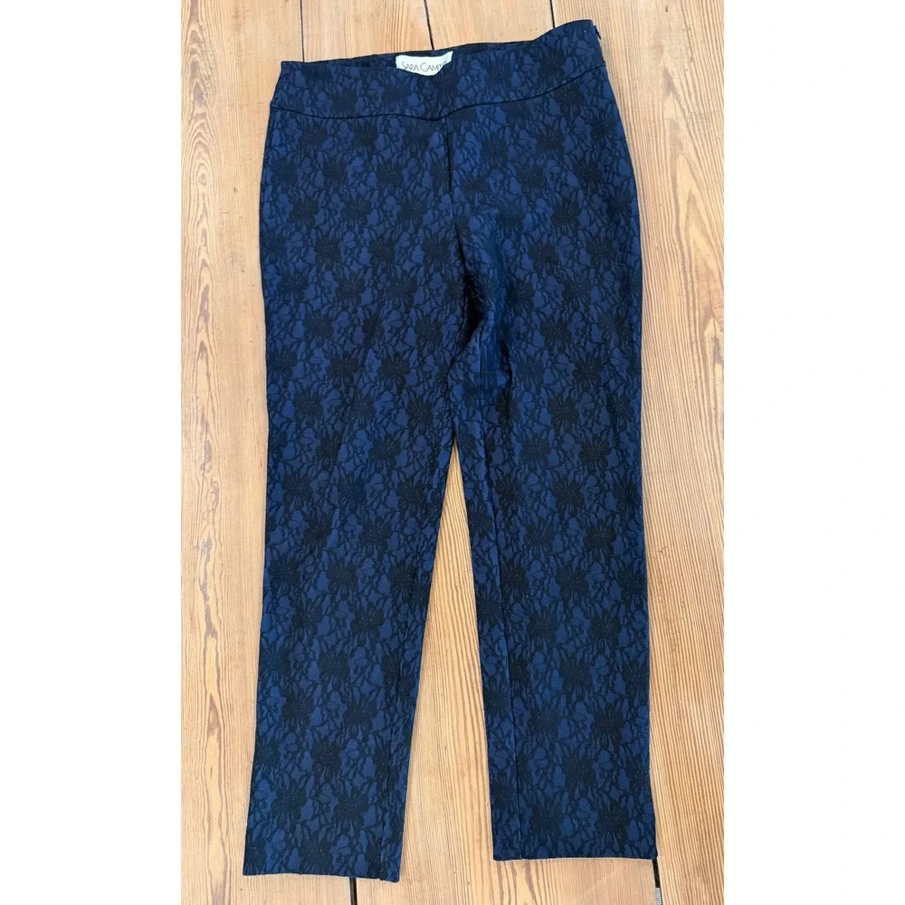 Sara Campbell Navy Blue Lace 2 Piece Peplum Top and Pants Set Womens Size M
